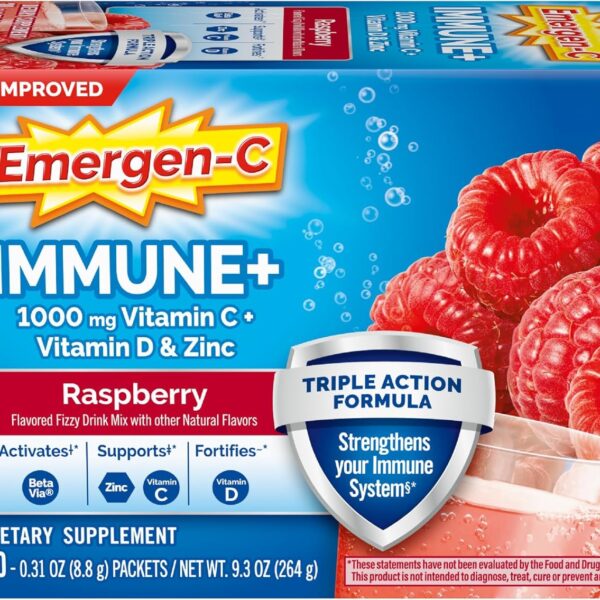 Emergen-C Immune+ Triple Action Immune Support Powder, BetaVia (R), 1000mg Vitamin C, B Vitamins, Vitamin D and Antioxidants, Raspberry 30 Count