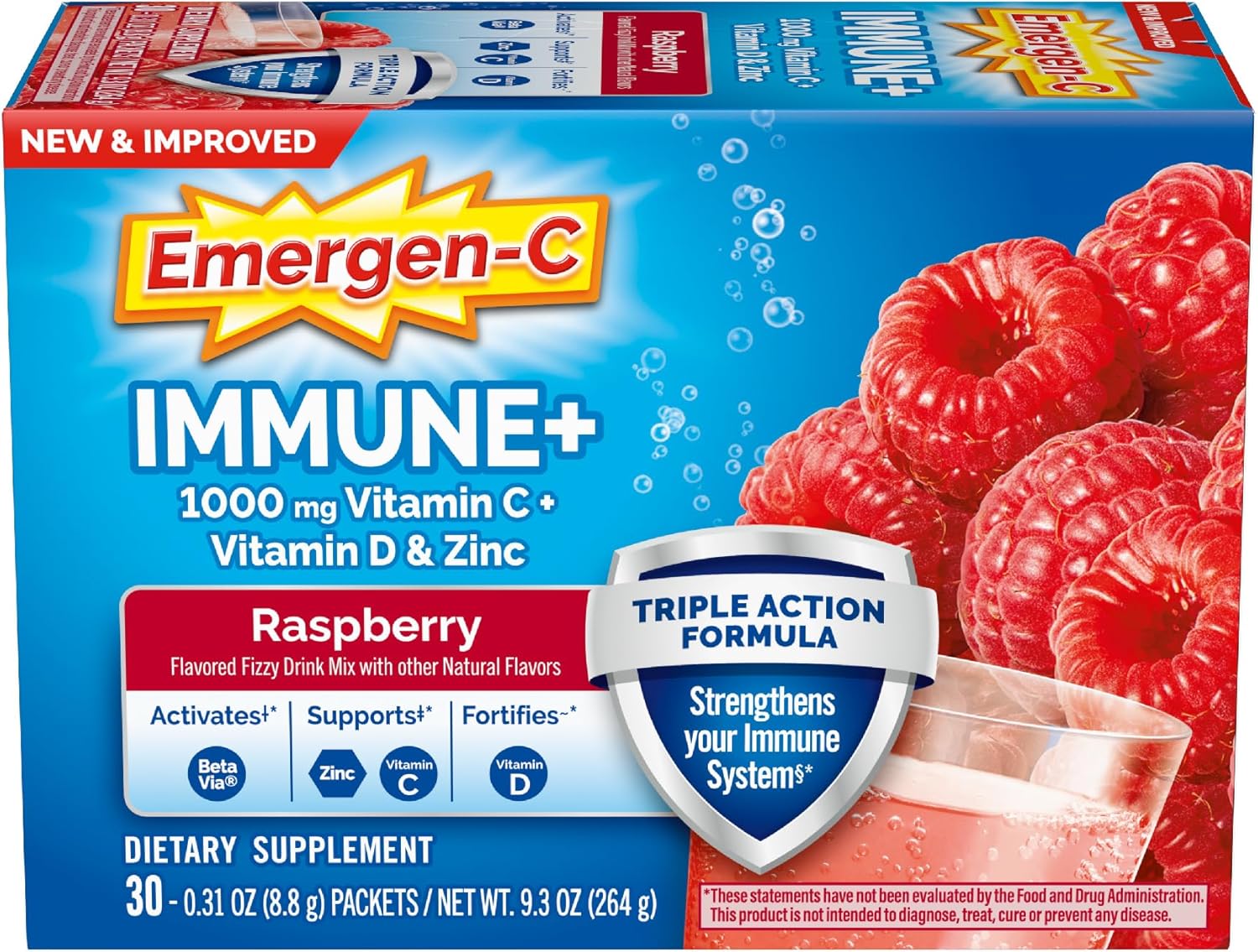 Emergen-C Immune+ Triple Action Immune Support Powder, BetaVia (R), 1000mg Vitamin C, B Vitamins, Vitamin D and Antioxidants, Raspberry 30 Count Emergen-C Immune+ Triple Action Immune Support Powder, BetaVia (R), 1000mg Vitamin C, B Vitamins, Vitamin D and Antioxidants, Raspberry 30 Count
