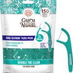 GuruNanda Dual Slickers Floss Picks - Double Threaded Dyneema Dental Floss with Foldable Toothpick for Effective Plaque Removal - Unflavored- 150 Ct