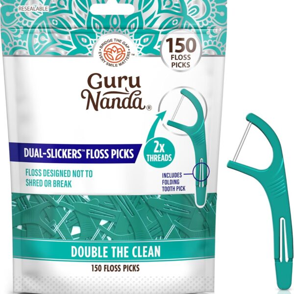 GuruNanda Dual Slickers Floss Picks - Double Threaded Dyneema Dental Floss with Foldable Toothpick for Effective Plaque Removal - Unflavored- 150 Ct