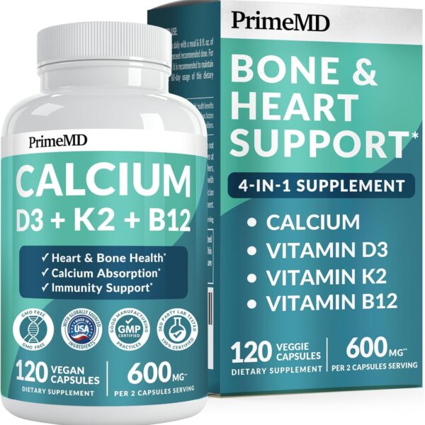 4-in-1 Calcium Supplements for Women and Men - Calcium with Vitamin D3 K2 5000 IU Supplement, 600mg per Serving - Gluten-Free, Vegan-Friendly (120 ct)
