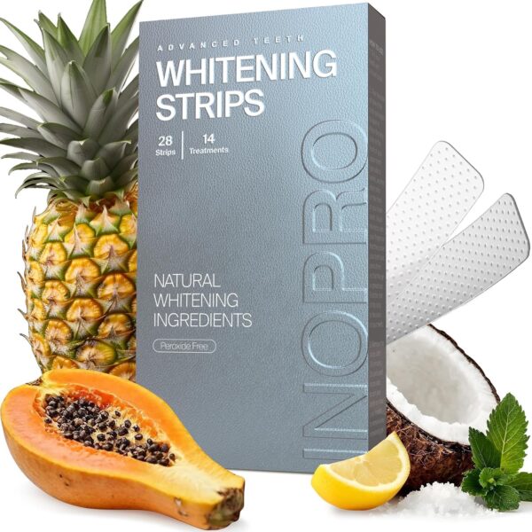 InoPro Natural Teeth Whitening Strips Kit 14 Treatments - Sensitive Teeth Whitener, Peroxide Free with Papain, Bromelain, Coconut Oil, White Strips for Teeth Whitening (28 Strips)