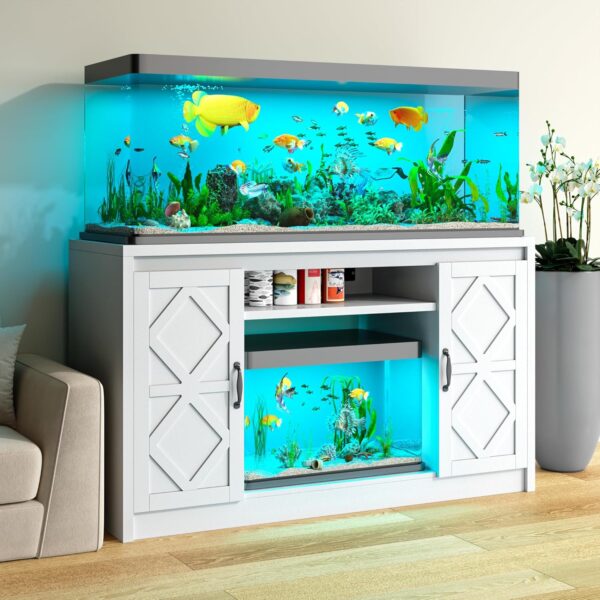 55-75 Gallon Fish Tank Stand with Diamond Doors & Power Outlet, Heavy Duty Aquarium Stand with Cabinet Storage for Fish Tank, Turtle Tank, Reptile Terrarium (White)
