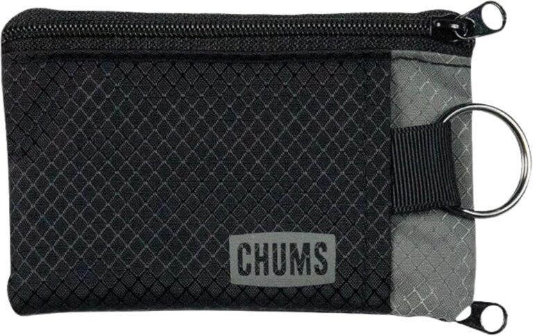 Chums Surfshorts Wallet - Lightweight Slim Wallet with RFID Blocking Card & Clear ID Window - Zippered, Water Resistant w/Key Ring (Black/Gray)