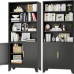 Metal Bookshelves and Bookcases with Doors Floor Standing 6 Shelf Display Storage Shelves 71 in Tall Bookcase for Home Office, Living Room (Black1)
