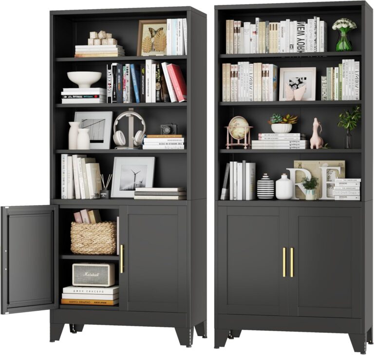 Metal Bookshelves and Bookcases with Doors Floor Standing 6 Shelf Display Storage Shelves 71 in Tall Bookcase for Home Office, Living Room (Black1)