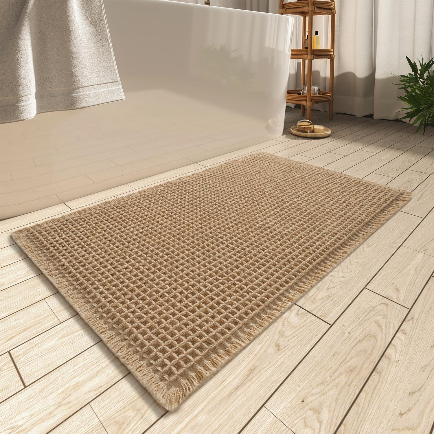 AMOAMI Upgraded Waffle Bath Mat, Super Absorbent Non Slip Bath Mats for Bathroom Floor, Machine Washable Bathroom Rugs with Tassels, Rubber Backed Bathroom Mats, Ultra Soft, 18" x 30", Brown AMOAMI Upgraded Waffle Bath Mat, Super Absorbent Non Slip Bath Mats for Bathroom Floor, Machine Washable Bathroom Rugs with Tassels, Rubber Backed Bathroom Mats, Ultra Soft, 18" x 30", Brown
