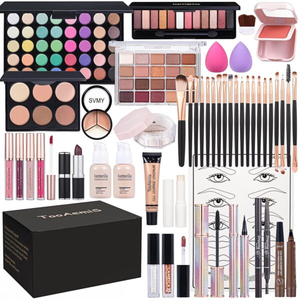 Makeup Set for Women Full Kit Includes, eyeshadow liquidfoundation,Loose powder,Eyebrow pencil,Lipstick Eye Pencil Makeup BrushesMakeup practice board 4-color lip gloss set