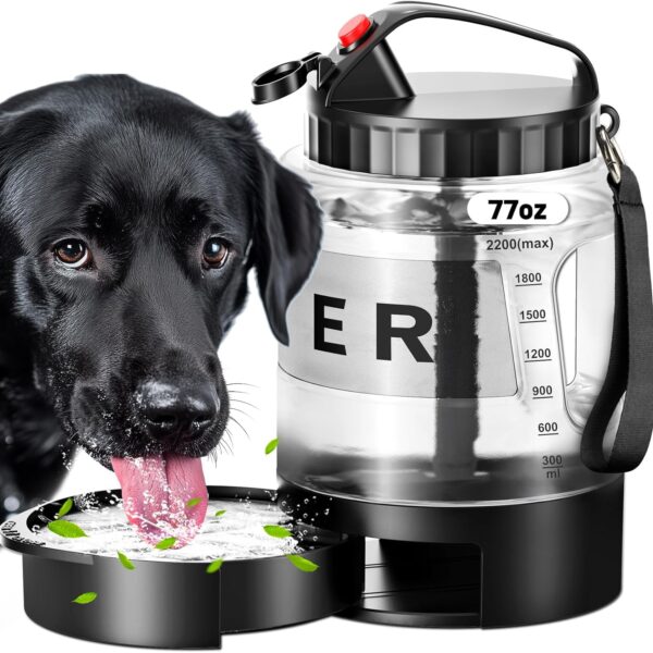 77oz Large Dog Water Bottle - Portable Travel Dog Water Dispenser & Bowl - Leak-Proof Pet Water Jug for Hiking, Camping, Walking & Car Trips, Black