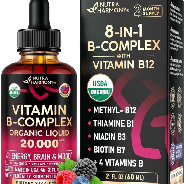 USDA Organic Vitamin B-Complex B5 Pantothenic Acid | B12 Methylcobalamin | B1 Thiamine | B6 Pyridoxine | B7 Biotin | B9 Folic | B3 Niacinamide - B Complex Liquid Drops, Made in USA Supplement, 2fl oz