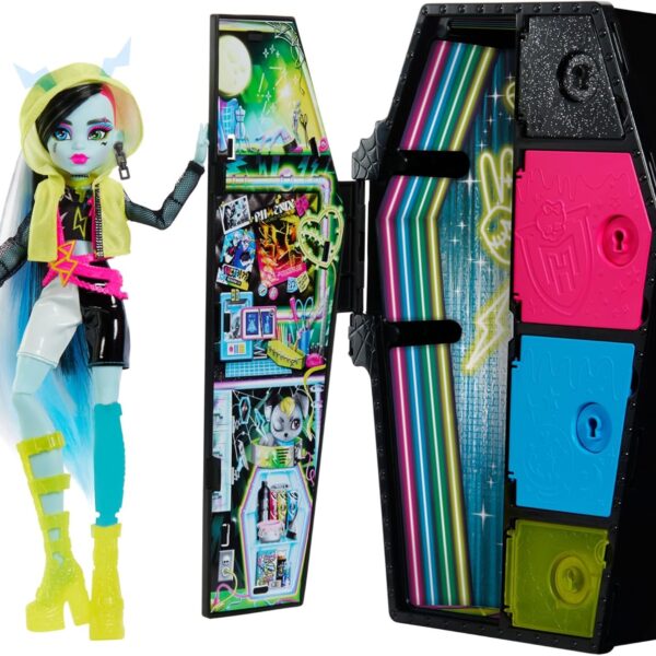 Monster High Skulltimate Secrets Neon Frights Doll & Accessories, Frankie Stein with Dress-Up Locker & 19+ Surprises