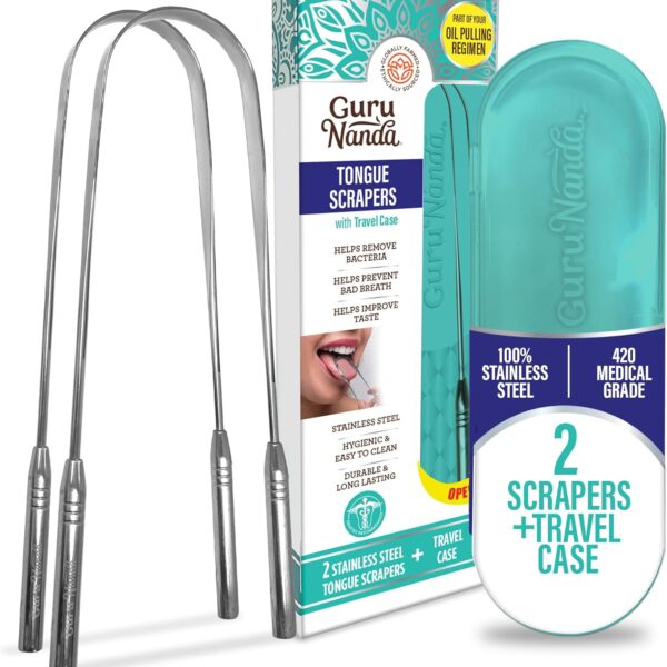 GuruNanda Tongue Scraper for Adults (2 Pack) with Travel Case, 420 Medical-grade 100% Stainless Steel Tongue Cleaner, Aids in Fresh Breath & Oral Care