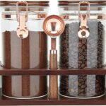Glass Coffee Container with Wooden Shelf, 2 x 40 FLOZ Coffee Bean Storage with Sealed Closure Clips and Copper Spoon, Kitchen Large Capacity Food Storage Jar, Ground Coffee Container