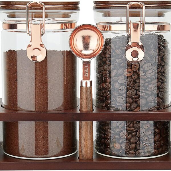 Glass Coffee Container with Wooden Shelf, 2 x 40 FLOZ Coffee Bean Storage with Sealed Closure Clips and Copper Spoon, Kitchen Large Capacity Food Storage Jar, Ground Coffee Container
