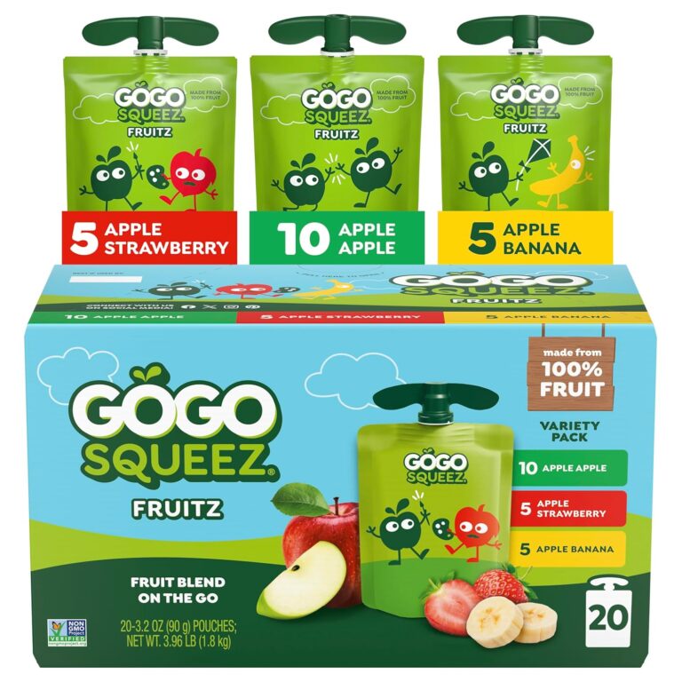 GoGo squeeZ Applesauce and Fruit Puree Variety Pack, Apple, Banana & Strawberry, 3.2 oz (Pack of 20), Unsweetened Fruit Snacks for Kids, Gluten Free, Nut Free, BPA Free Pouches (Packaging May Vary)