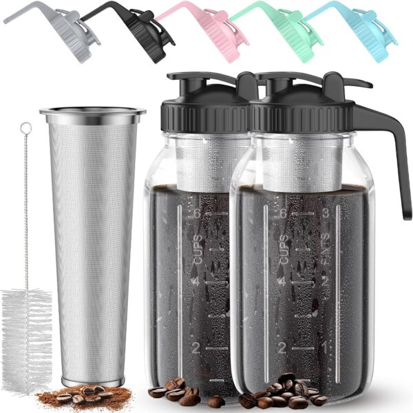 2 Pack 64 oz Cold Brew Coffee Maker Jar - Thick Glass Cold Brew Maker with Handle, Stainless Steel Filter & Leak-Proof Lid, Cold Brew Pitcher for Iced Coffee,Tea and Milk (2 Quart / 1.9 Liter)
