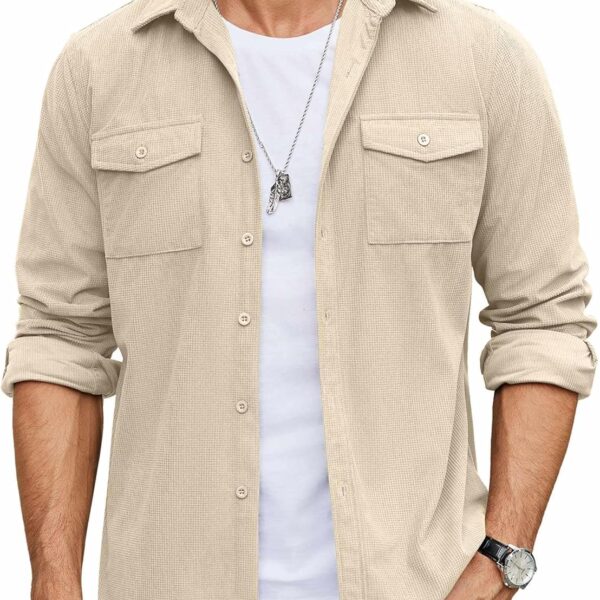 COOFANDY Men's Button Down Waffle Shirt Jacket Casual Long Sleeve Shacket Lightweight Overshirts with Flap Pockets
