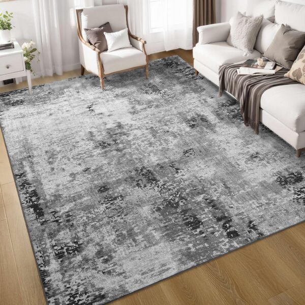 Living Room Rug 6x9 Gray Area Rug Machine Washable Boho Carpet Non Slip Abstract Vintage Indoor Large Rugs for Bedroom, Classroom, College Dorm, Farmhouse, Dining Room, Kids Playroom