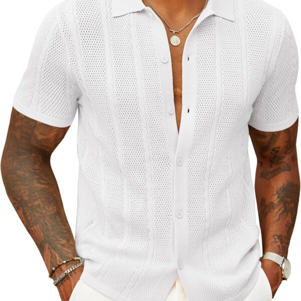 COOFANDY Mens Knit Button Down Shirts Casual Textured Polo Shirt Short Sleeve Vintage Summer Beach Tops