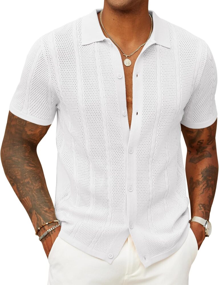 COOFANDY Mens Knit Button Down Shirts Casual Textured Polo Shirt Short Sleeve Vintage Summer Beach Tops
