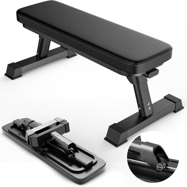 Finer Form Gym Quality Foldable Flat Bench for Multi-Purpose Weight Training and Ab Exercises - Free PDF Workout Chart Included