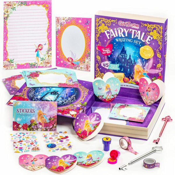 GirlZone Princess Stationery Set - 45-Piece Fairytale Letter Writing Set, Multicolor Note Paper with Fairies & Fairy Letters & Envelopes, Stampers & Stickers