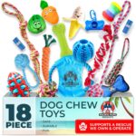 Pacific Pups 18 Piece Bulk Dog Toy Pack - Chew, Plush, and Rope Dog Toys to Keep Them Busy - Puppy Teething Chew Toys, Treat Ball, Squeaky Plushies, Tug of War Ropes, Rubber Chew - Helps Rescue Dogs