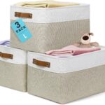 OrganiHaus Large Fabric Storage Baskets for Shelves 3 Pack, 15x11in Closet Storage Bins, Canvas Storage Bin for Organizing, Cloth Baskets, Linen Closet Organizers, Beige/Off-White