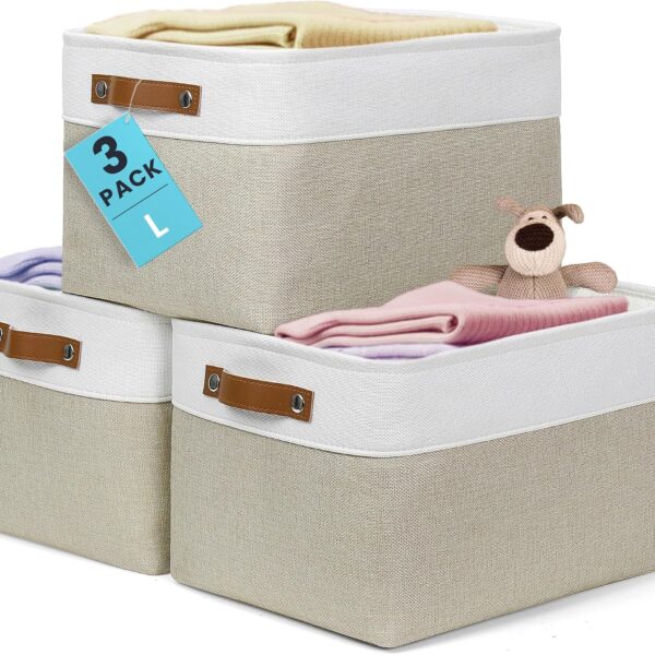 OrganiHaus Large Fabric Storage Baskets for Shelves 3 Pack, 15x11in Closet Storage Bins, Canvas Storage Bin for Organizing, Cloth Baskets, Linen Closet Organizers, Beige/Off-White