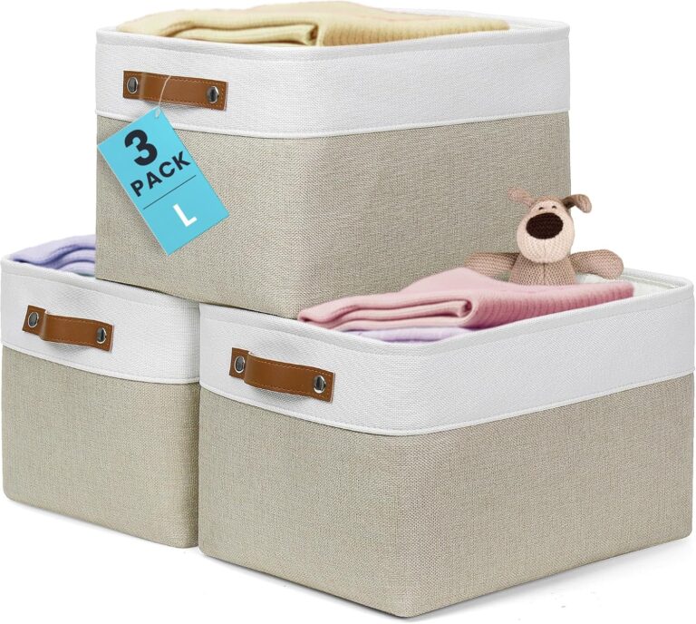 OrganiHaus Large Fabric Storage Baskets for Shelves 3 Pack, 15x11in Closet Storage Bins, Canvas Storage Bin for Organizing, Cloth Baskets, Linen Closet Organizers, Beige/Off-White