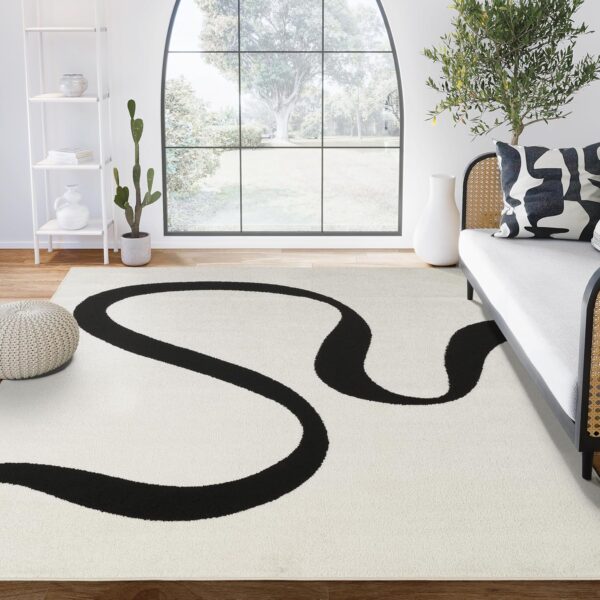 Abani Black and Cream Area Rug | 2' x 3' White Abstract Swirl Wave Carpet | Beige/Ivory Geometric Wave Design | for Living Room, Bedroom and Office | Medium Pile