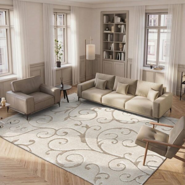 SAFAVIEH Area Rug 8x10 - Florida Shag Collection - Large - Cream & Beige, Scroll Design, Non-Shedding & Easy to Clean, High-Low Plush Pile, Ideal for Living Room, Bedroom, Dining Space (SG455-1113)