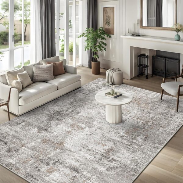 9x12 Washable Living Room Rugs - Modern Abstract Neutral Soft Large Area Rugs for Bedroom Non-Slip Low Pile Thin Stain-Resistant Carpet for Dining Room Home Office (Beige Grey)