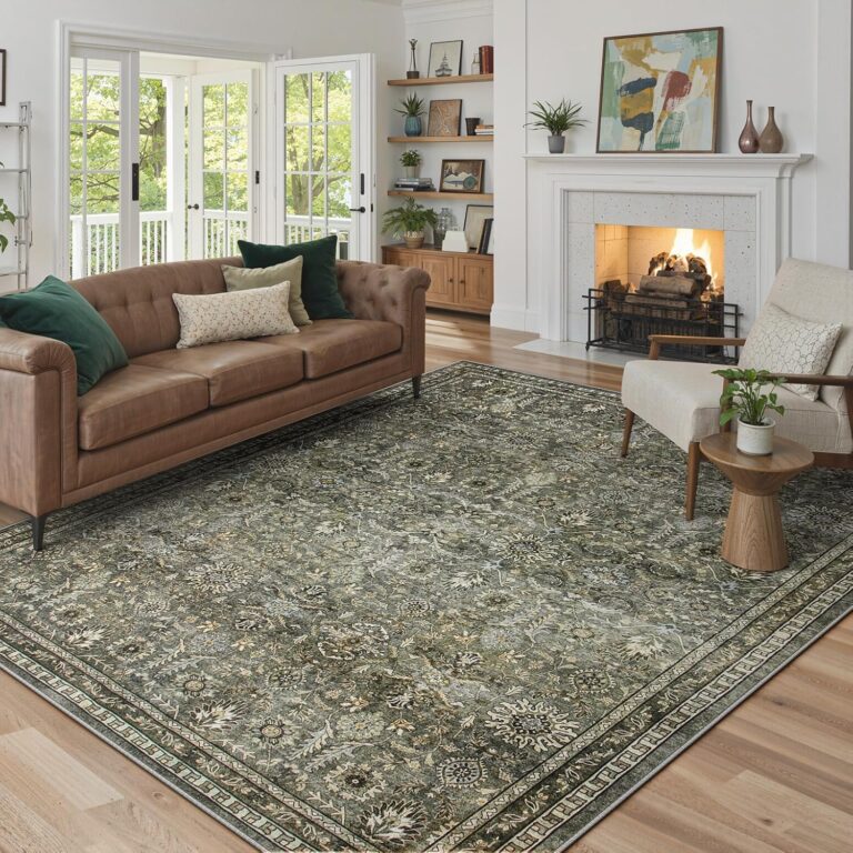 Lahome Mirae Green 8x10 Rugs for Living Room, Boho Washable Area Rugs for Bedroom, Rubber Backed Non Slip Floor Carpets for Dining Room Home Apartment, Dark Olive Green