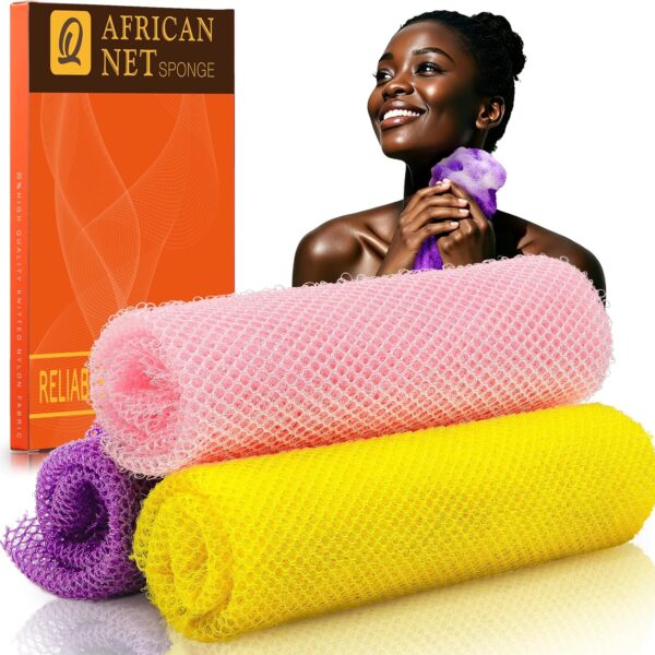 UJFQBH 3 Pieces African Bath Sponge African Net Long Net Bath Sponge Exfoliating Shower Body Scrubber Back Scrubber Skin Smoother,Great for Daily Use (Pink,Yellow,Purple)