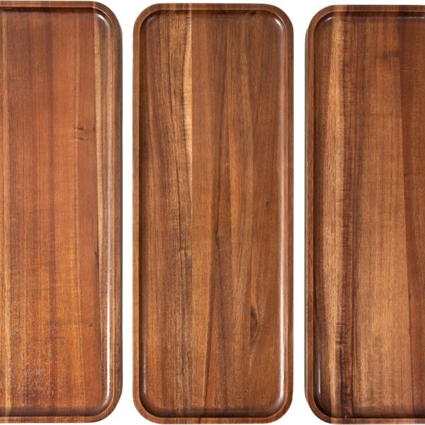 Large Solid Acacia Wood Serving Trays (17 x 6.5 inches) Rectangular Wooden Serving Platters for Home Decor, Food, Vegetables, Fruit, Charcuterie, Appetizer Serving Tray, Cheese Board (Set of 3 Plates)