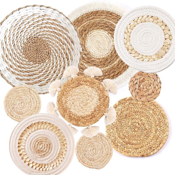 9 Pack Boho Wall Basket Set, hanging Woven Wall Basket Decor, Seagrass Rattan Wicker Boho Wall Decor, Eco-Friendly Round Art for Farmhouse Bedroom Living Room Display Table Settings Kitchen Home