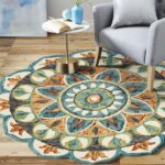 LR Home 5ft Scalloped Round Indoor Wool Area Rug for Home Decor | Rugs for Living Room, Bedroom, Playroom, Entryway, Office | Handmade Modern Farmhouse Boho Area Rug for Room Decor | Rust/Teal