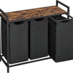 VASAGLE Laundry Hamper, Laundry Basket, Laundry Sorter with 3 Pull-Out and Removable Bags, Shelf, Metal Frame, 3 x 10.6 Gallons (40 L), 36.4 x 13 x 28.4 Inches, Ink Black and Rustic Brown UBLH301B01