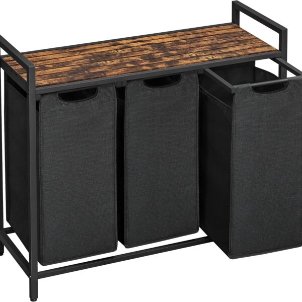 VASAGLE Laundry Hamper, Laundry Basket, Laundry Sorter with 3 Pull-Out and Removable Bags, Shelf, Metal Frame, 3 x 10.6 Gallons (40 L), 36.4 x 13 x 28.4 Inches, Ink Black and Rustic Brown UBLH301B01
