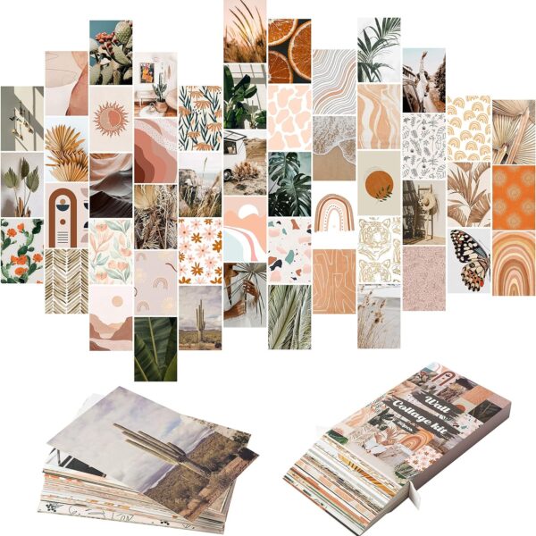 50PCS Boho Aesthetic Pictures Wall Collage Kit, Peach Teal Photo Collection Collage Dorm Decor for Girl Teens and Women, Orange Boho Wall Prints Kit, Small Posters for Room Bedroom Aesthetic