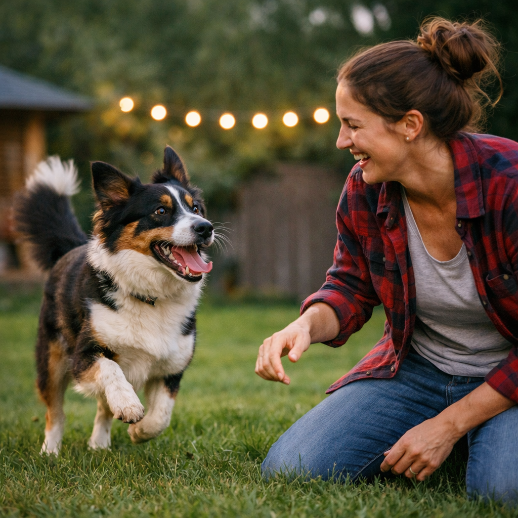 Woman kneeling in a backyard playing with a happy, energetic dog mid-run, both smiling and engaged in a lively, warm evening interaction.