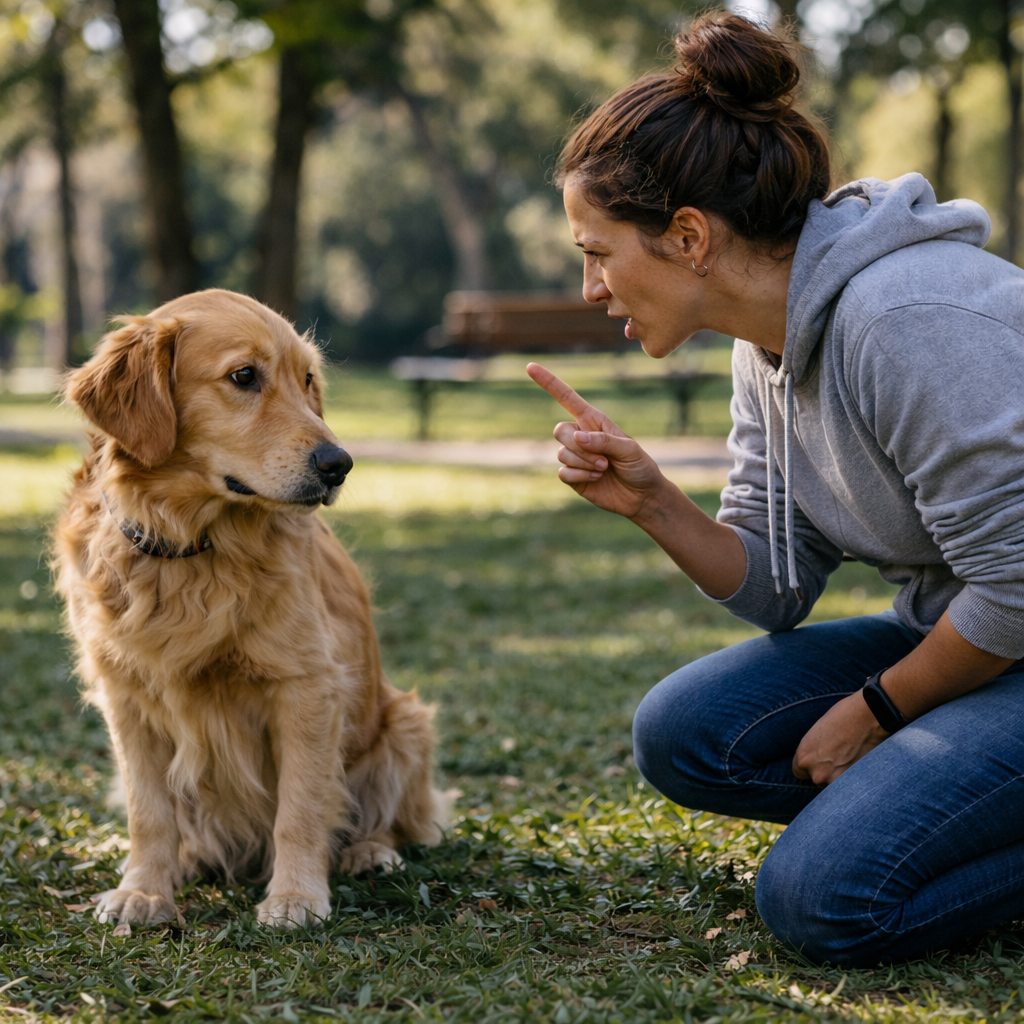 Photorealistic outdoor moment of a woman kneeling in a sunlit park, pointing while her dog calmly looks away, capturing a natural training interaction with soft lighting and shallow depth of field.