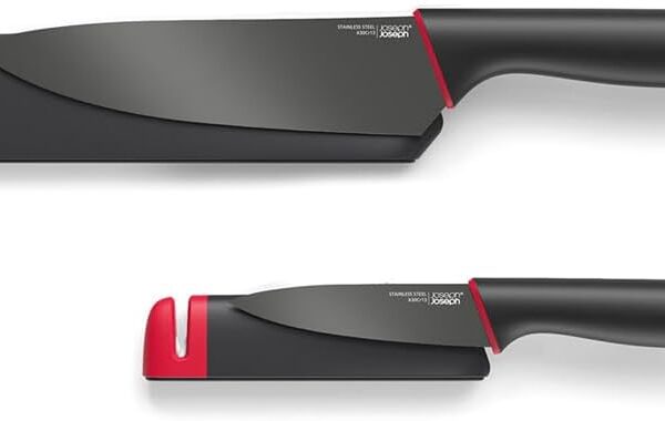Joseph Joseph Slice & Sharpen 6" Chef's Knive and 3.5" Paring Knife with Sharpening Protective Sheaths, Black