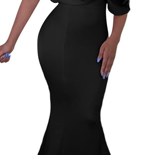GOBLES Women Sexy V Neck Off The Shoulder Evening Gown Fishtail Maxi Dress