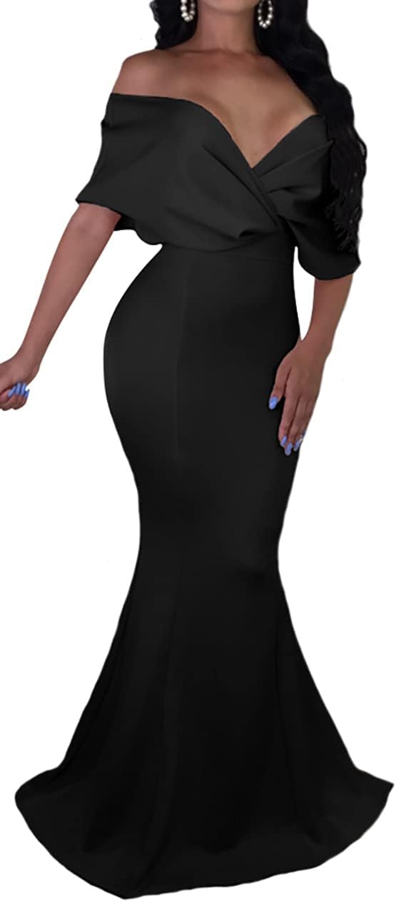 GOBLES Women Sexy V Neck Off The Shoulder Evening Gown Fishtail Maxi Dress GOBLES Women Sexy V Neck Off The Shoulder Evening Gown Fishtail Maxi Dress