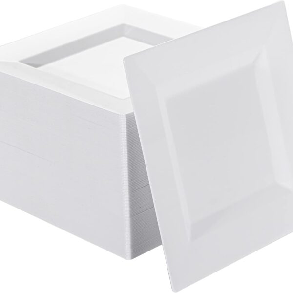 100 Pack White Plastic Square Dessert Plates, 6.5" Disposable Salad Plates Heavy Duty Plates for Party, Wedding, Christmas, Easter