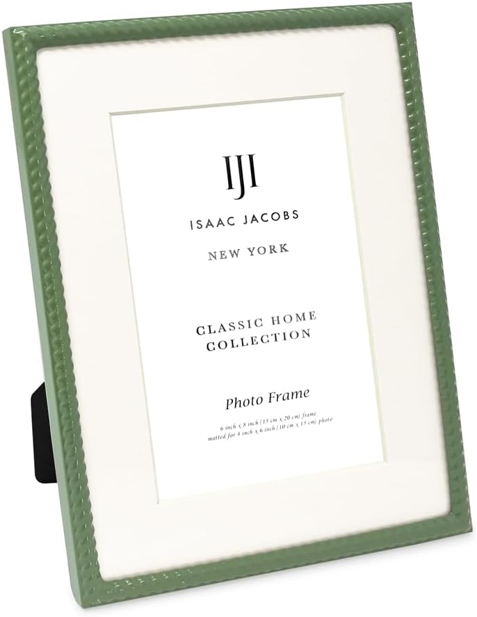 Isaac Jacobs 6x8 (Matted 4x6) Green Metal Rope Border Picture Frame, Horizontal & Vertical for Tabletop and Wall Display, Home Decor, Metal Frame (6x8 (Matted 4x6), Green)