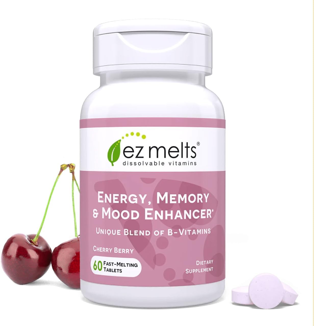 EZ Melts Energy, Memory & Mood Enhancer - B Vitamins Supplement with Vitamin B12, B6, Folate & Biotin - Non-GMO & Vegan - Cherry Berry - 60 Dissolvable Tablets (60 Servings) EZ Melts Energy, Memory & Mood Enhancer - B Vitamins Supplement with Vitamin B12, B6, Folate & Biotin - Non-GMO & Vegan - Cherry Berry - 60 Dissolvable Tablets (60 Servings)