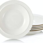 Porcelain 9-inch Rim Soup Bowl Set of 6 - Microwave, Oven and Dishwasher Safe, Scratch Resistant. (White)
